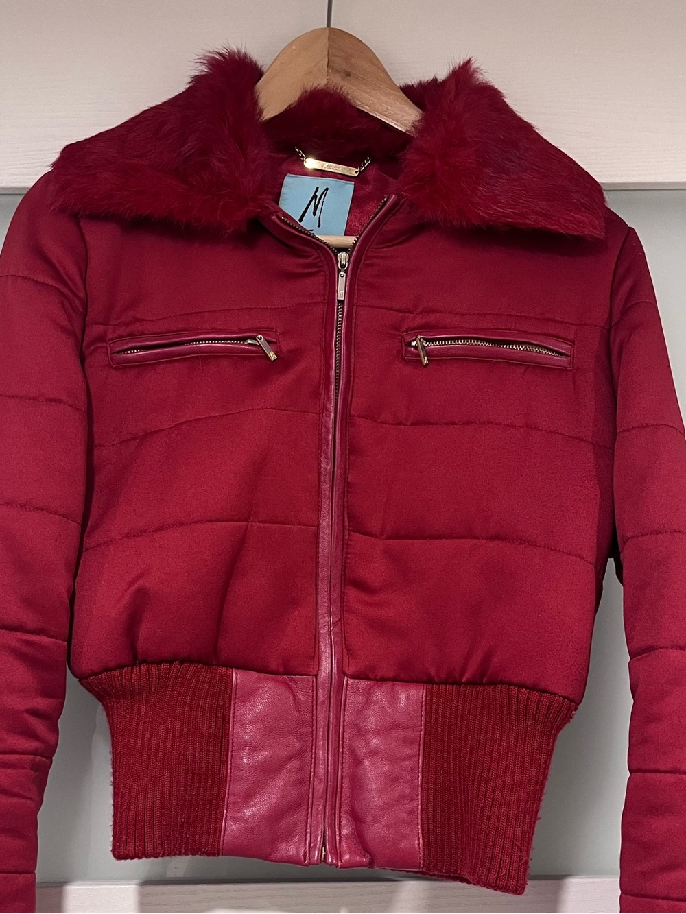 Marciano Red Bomber Jacket with Leather Accents and Fur Collar